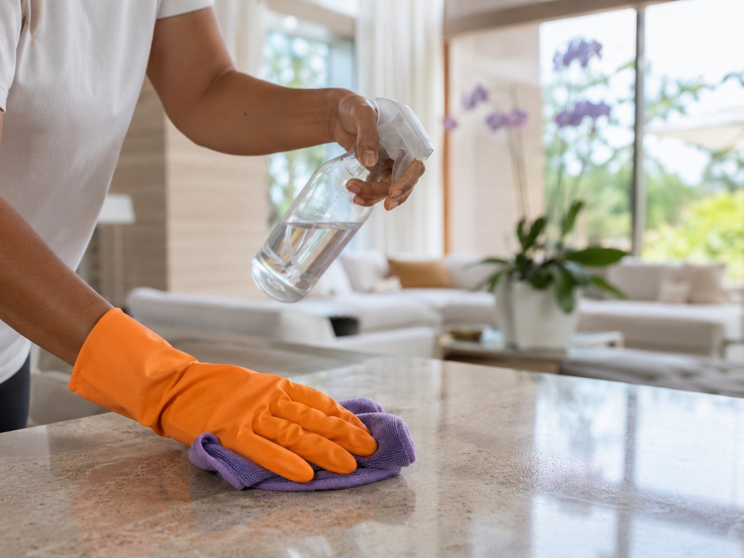 Housekeeper in gloves wiping a polished countertop in a bright, elegant villa living room
