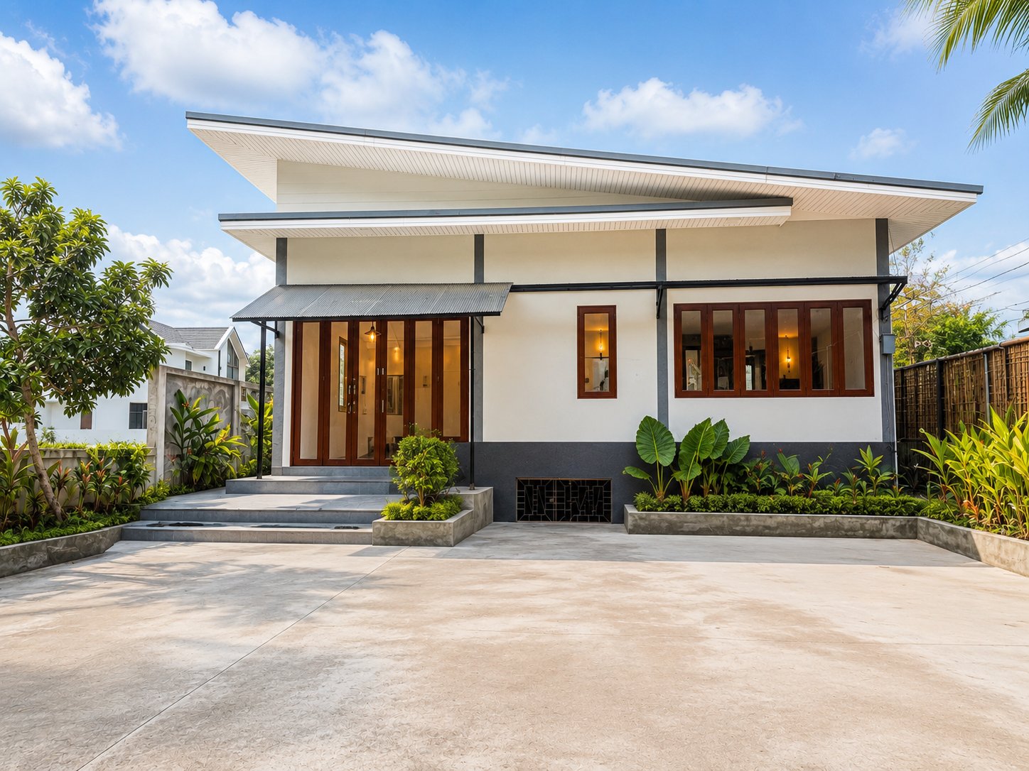 Modern white villa with timber doors and landscaped garden on Koh Samui
